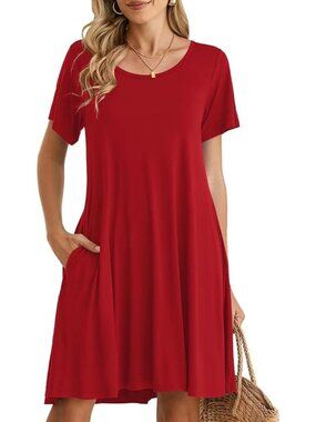 Women's Poinsettia Casual Loose Swing Tunic Short Sleeve Sun Mini Shirt Dress